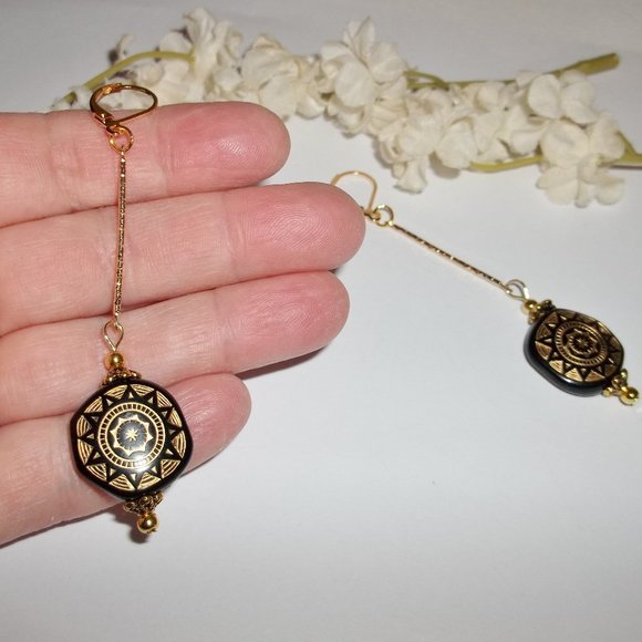 Long Earrings Black & Gold Beaded Tribal Edgy 6409 - Picture 7 of 12